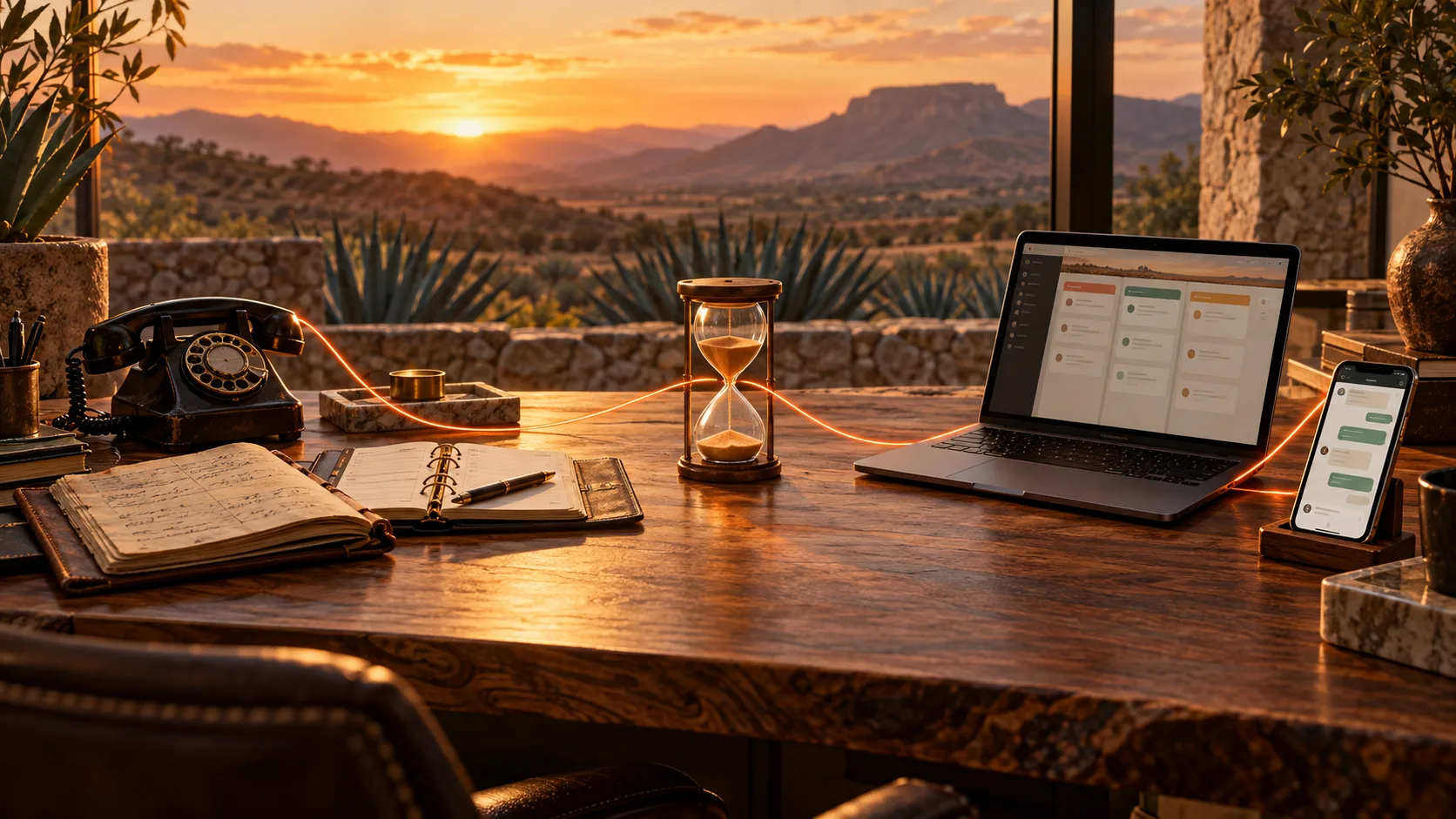 Escritorio de trabajo con herramientas de ventas de toda la vida y herramientas digitales unidas por un hilo naranja