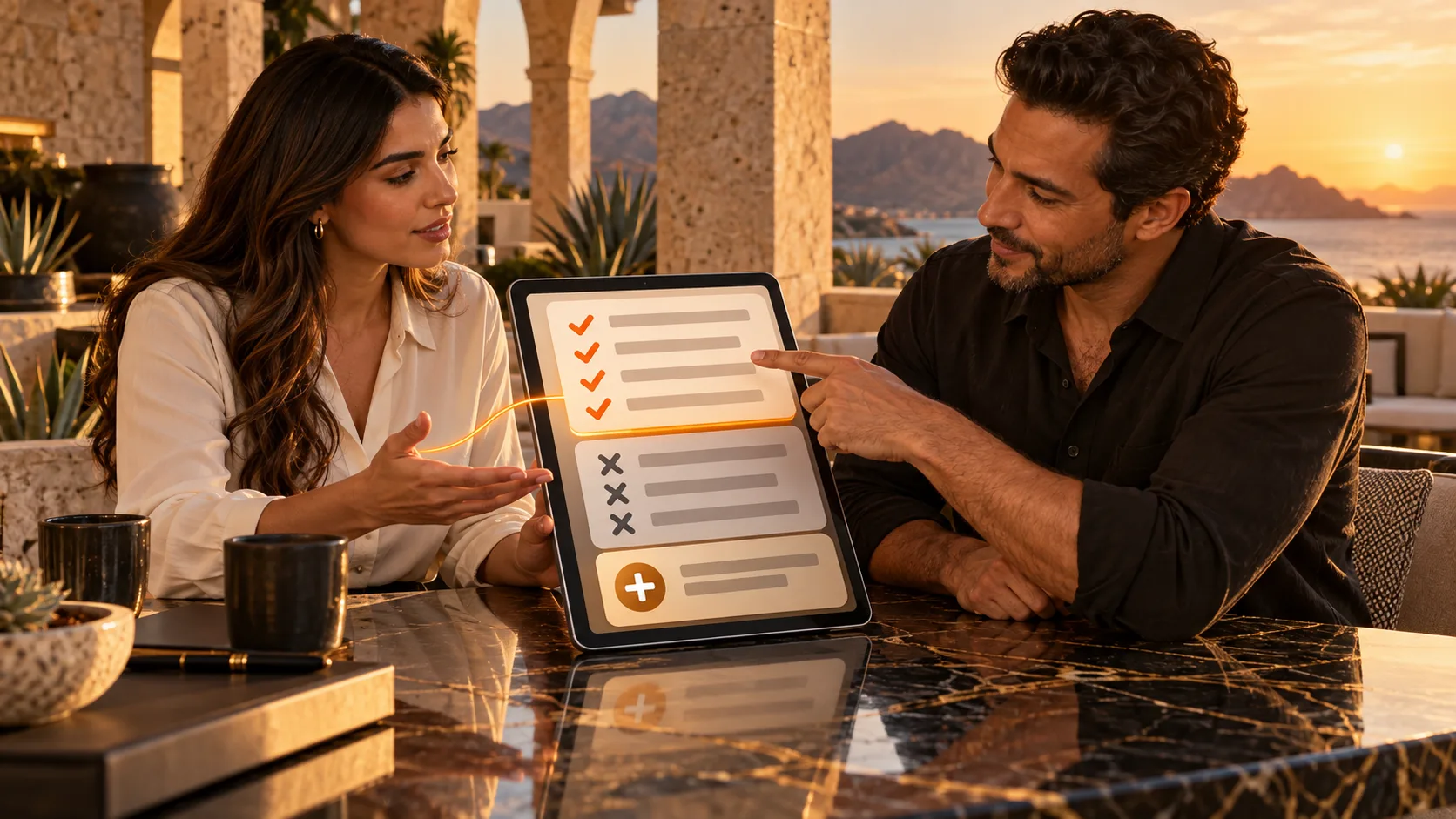 Escritorio con un presupuesto claro y tarjetas de alcance conectadas por un hilo naranja