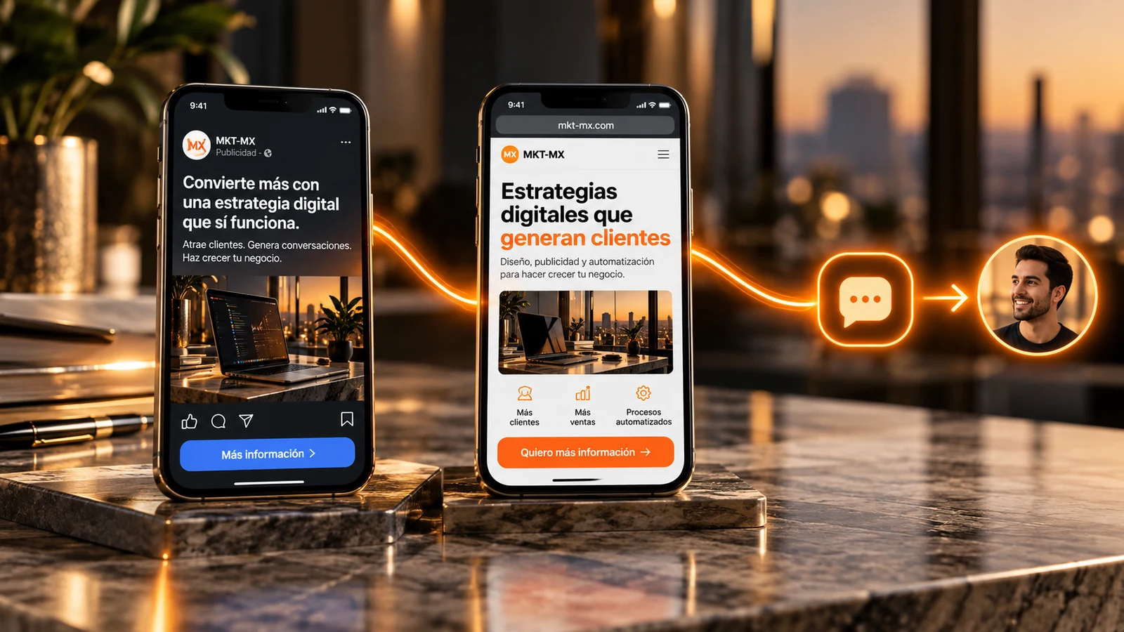 Anuncio y página en dos teléfonos conectados con un mensaje que llega a una persona